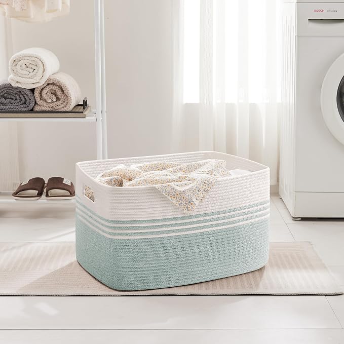 100L Extra Large Woven Laundry Basket Hamper with Handles, Green | 24"x16"x16", collapsible wicker hamper, storage for dirty clothes, toys, blankets, gifts, living room, bedroom, bathroom