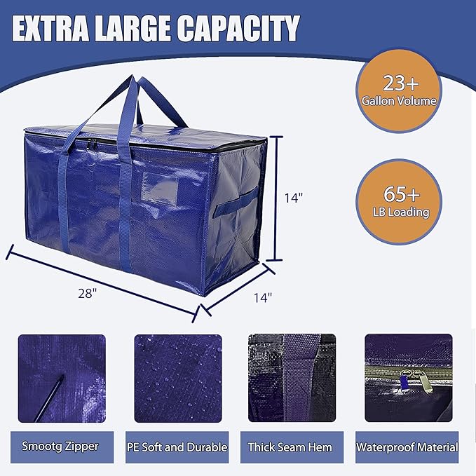 Extra Heavy Duty Moving Bags - 23 Gallon Extra Large Storage Bags 65 lbs Capacity, Waterproof Foldable Packing Bags for College Students, Camping & Closet Organization (6PCS Flip zipper)