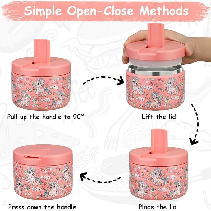 Pawtong 12oz Insulated Vacuum Food Jar with Buckle Lid Wide Mouth Soup Thermo for Hot Food Kids Leakproof Stainless Steel Lunch Container (Pink-Horse)