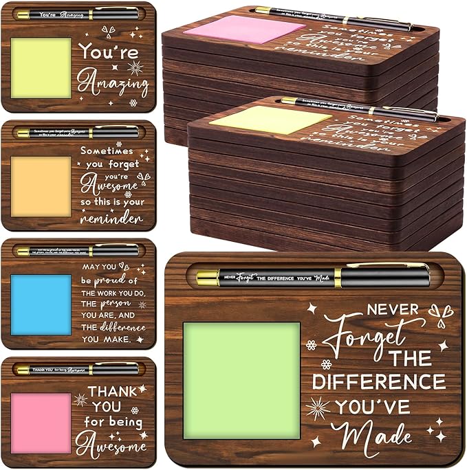 Kosiz 10 Set Back to School Teacher Gifts Bulk Thank You for Being Awesome Wooden Sticky Note Holder with Notes and Ballpoint Pens Thank You Gift for Teacher Team Employee Office Supplies