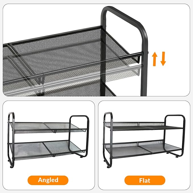 2 Tiers Metal Shoe Rack for Entryway Closet Hallway Bedroom Garage | Shoe Storage Organizer, Mesh Shoe Shelves, Freestanding, Stackable, Adjustable, Rustproof Black