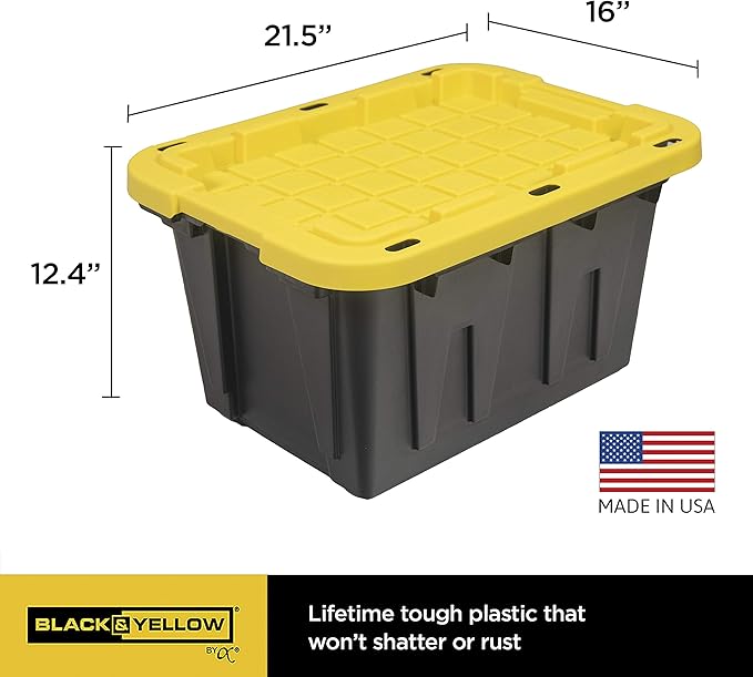 CX BLACK & YELLOW 12-Gallon Heavy Duty Storage Bins with Lids, Stackable Plastic Storage Bins, Dorm Room Essentials, Back to School, Classroom Organization, Home Organization, 4 Pack (12.51H x 16.3W x 21.8D)