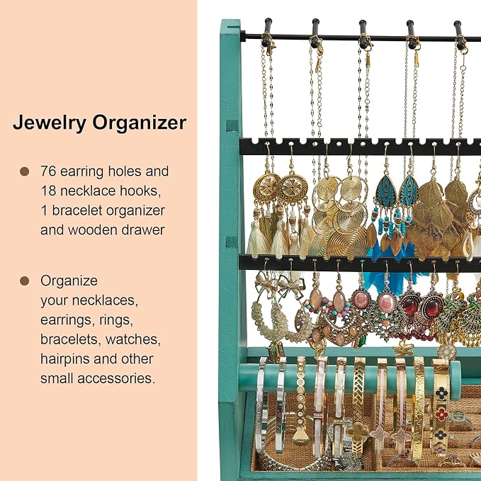 DGWJSU Jewelry Organizer Stand, 5 Layer Earring Holder Organizer with Necklace Holder, Rustic Wood Earring Organizer Display for Stud Earring Bracelet Necklace Ring, Watches