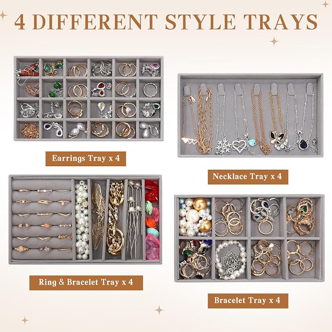 Tondiamo 16 Pcs Velvet Jewelry Drawer Organizer Trays Bulk 8.39 x 4.88 x 0.94 Inch Grey Stackable Jewelry Storage Inserts Set Tray Set with Removable Divider for Earrings Necklaces Bracelets