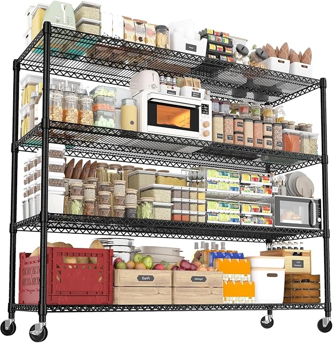 REIBII 60''W Storage Shelves 2399LBS Wire Shelving with Wheels Garage Shelving Heavy Duty Metal Shelves for Storage Rack Adjustable Shelf for Commercial Garage Kitchen, 60" W x 18" D x 65.5" H