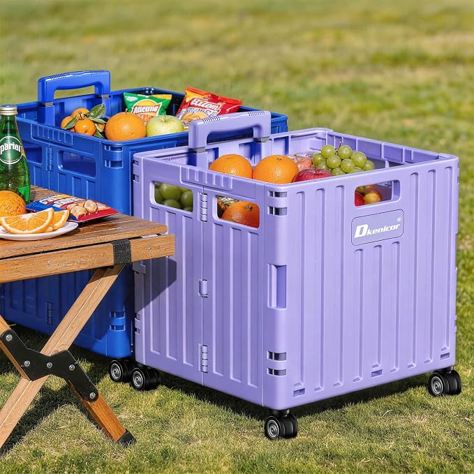 Folding Utility Cart, Portable Rolling Crate Handcart Collapsible Shopping Trolley with Lid, Foldable Tool Box Basket with 4 Rotate Wheels for Grocery, Office, Luggage, School - Purple