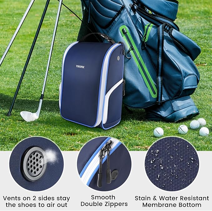 YOREPEK Golf Shoe Bag with 3 Pockets for Socks, Gloves, Tees, Balls, Brush | Designed with a Buckle Top Carry Handle, Zippered Sport Shoe Carrier Bags with Ventilation, Golf Gifts for Men