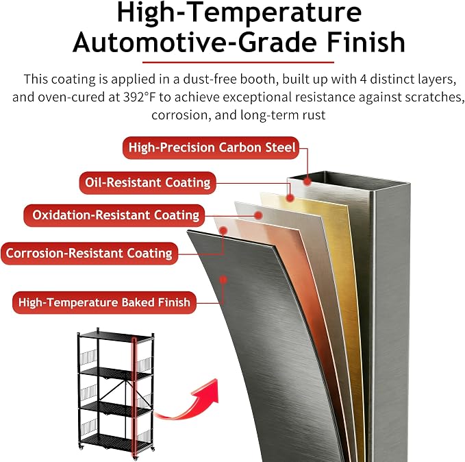 Folding Storage Shelves, 4-Tier Metal Foldable Shelf Shelving Rack Organizer On Rolling Wheels in Kitchen Warehouse Patio Pantry Garage Collapsible Shelves No Assembly (Black, 4-Layer)