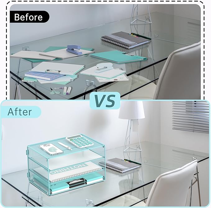 DALTACK 3 Tier Letter Tray Paper Organizer for Desk, Mesh Metal Desk File Organizer with Sliding Trays for Letter/A4 Paper, Mail, Bills & Folders, Light Blue