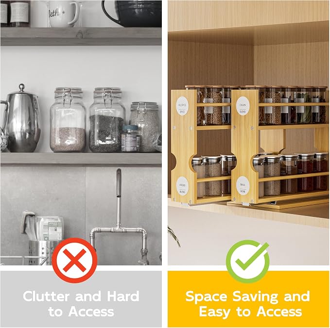 Jolitac Bamboo Pull Out Spice Rack for Cabinet, Slide Out Drawers | 2 Drawers (1.85" Wide), Space-Saving Vertical Organization, Easy to Install, 6" Wide, 2 Drawers, 2-Tier