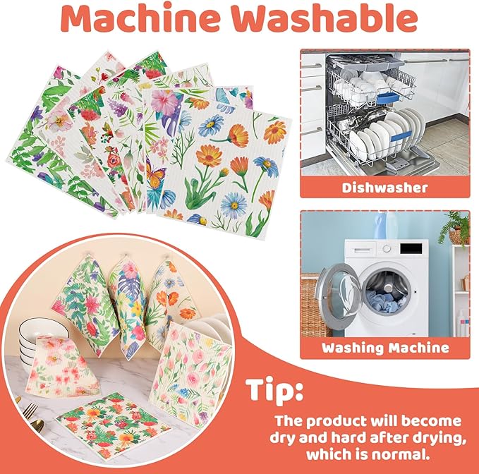 Needbrock 6 Pack Spring Floral Swedish Dishcloths for Kitchen, Swedish Rag Absorbent Dish Towel with Adhesive Clips, Reusable Paper Towels No Odor for Countertop Dishes Cleaning Kitchen