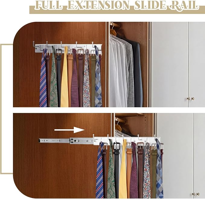 Blulu 2 Pcs 13.8'' Sliding Tie Rack Hangers for Closet, 9(Total 18) Tie Pull Out Wall Mounted Extending Sturdy Metal Belt Organizer Holder for Men Belt Storage, Sliver