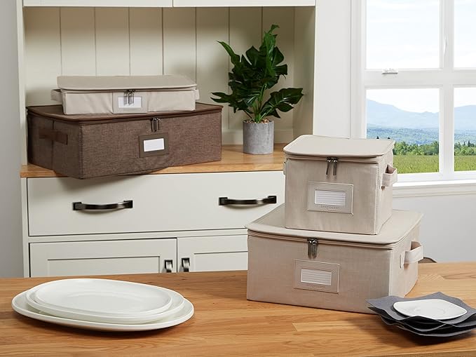 Covermates Dish Storage Box – China & Dinner Plate Storage Container with Dual Zippers, Reinforced Handles, ID Window & Stackable Structured Walls for Dishware Organization, Brown Heather