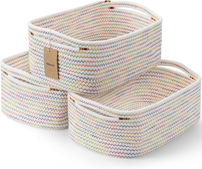 3-Pcs Shelf Baskets for Organizing, Closet Organizer Bins, Small Woven Baskets, Rope Toy Basket, Storage Basket for Shelves, Cube Decorative Box, 11.8×7.8×5.1”, Rainbow