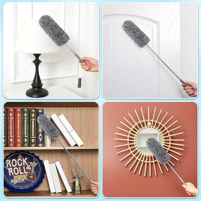 Tanlade 12 Pcs Microfiber Feather Duster for Cleaning, Extendable 13-31 Inch Ceiling Fan Duster with Bendable Head, Washable Tools for Ceiling Fans, Furniture, Car, Cobwebs (Gray)