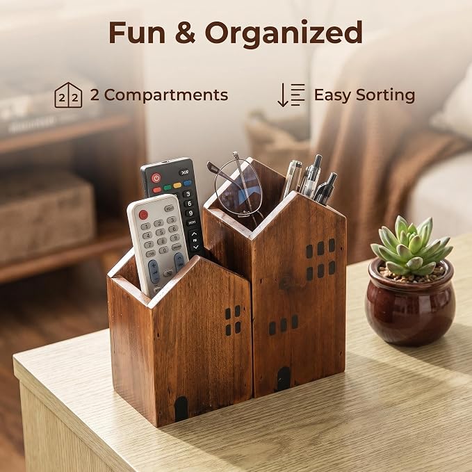 DAWASAPAT Wooden House Remote Control Holder/Remote Caddy & Desktop Organizer for TV Remotes, Stationery, Pencils, and Glasses set of 2