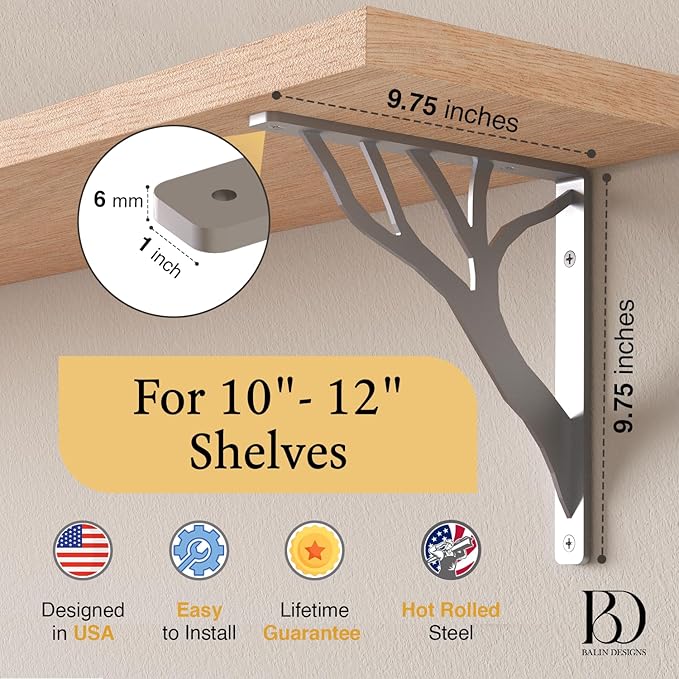 Rustic Tree Chrome Heavy Duty Shelf Brackets 10 inch by Balin Designs, Silver Decorative L Brackets, Iron Metal Floating Shelf Bracket, Wall Mount Shelving Bracket, Included Hardware, Set of 4