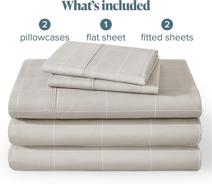Bare Home Split King Sheet Set - 1800 Ultra-Soft Microfiber Bed Sheets - Double Brushed - Deep Pockets - Easy Fit - 5 Piece Set - Bed Sheets & Pillowcases (Split King, Grid - Stone/White)