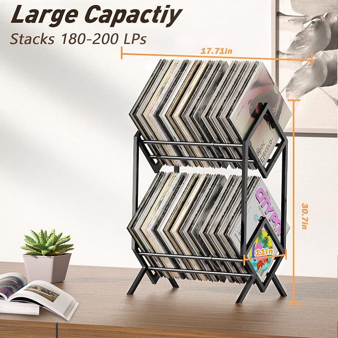 RUILALIFE 2-Tier-Vinyl-Record-Storage-Holder With Dividers, 200 LPs Albums Storage Rack Shelf, Steel Music Records Display Shelf Organizer For Book, Magazine, Files