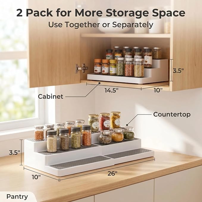 YAN & HIN Expandable Spice Rack Organizer for Cabinet, 3 Tier Adjustable Spice Organizer Shelf with Non-Skid Surface, Tiered Spice Riser for Kitchen Cabinet, Pantry, Countertop Storage, 2 Pack