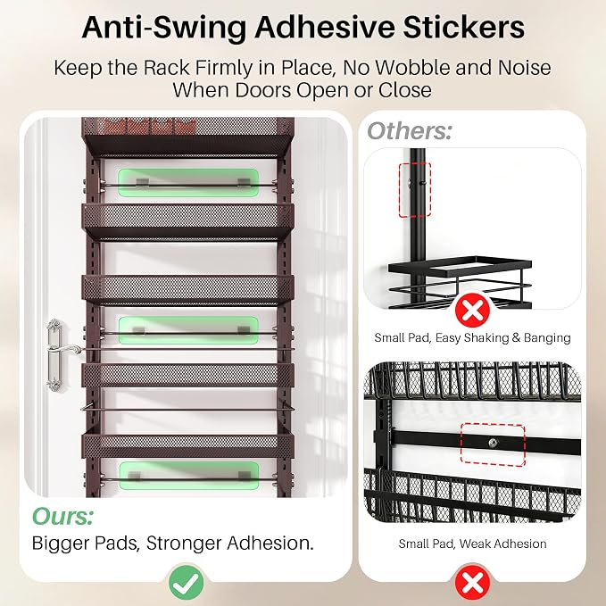 SNTD 8 Tiers Over the Door Organizer - Height Adjustable Pantry Organizers and Storage with Dense Mesh Baskets, Anti-Swing Hanging Door Spice Rack for Kitchen Bathroom (Bronze, 17" W x 6" D x 69" H)