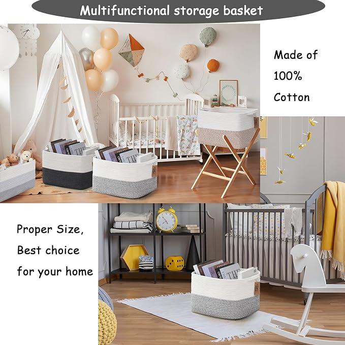 COMFY-HOMI Cotton Rope Woven Basket with Handles for Shelves,Toys,Book, Cloth Storage Baskets Bin for Organizing- 1 PCSToy Decorative Organizer for Living Room, Bathroom