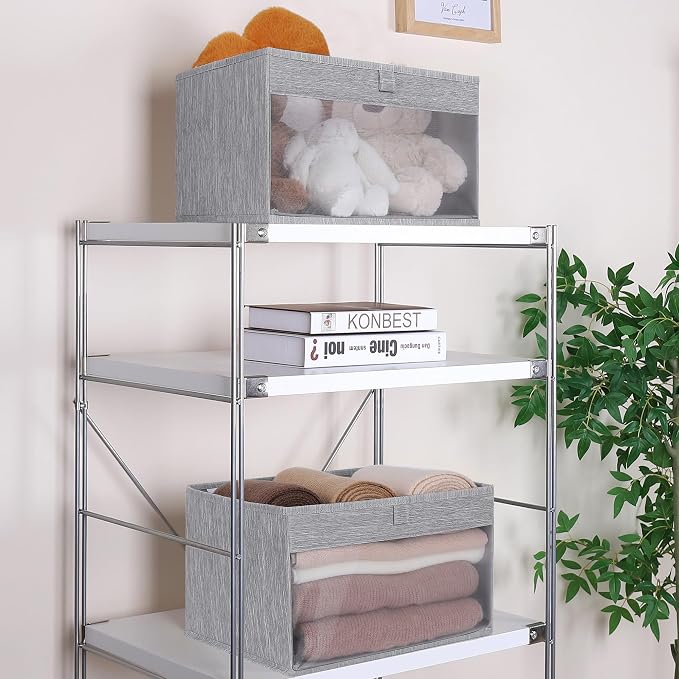WUIKE Closet Storage Bins with Clear Window, Fabric Organizer Baskets with Handles, Foldable Linen Closet Organizers and Storage for Shelves, Light Gray, Large, 3 Pack