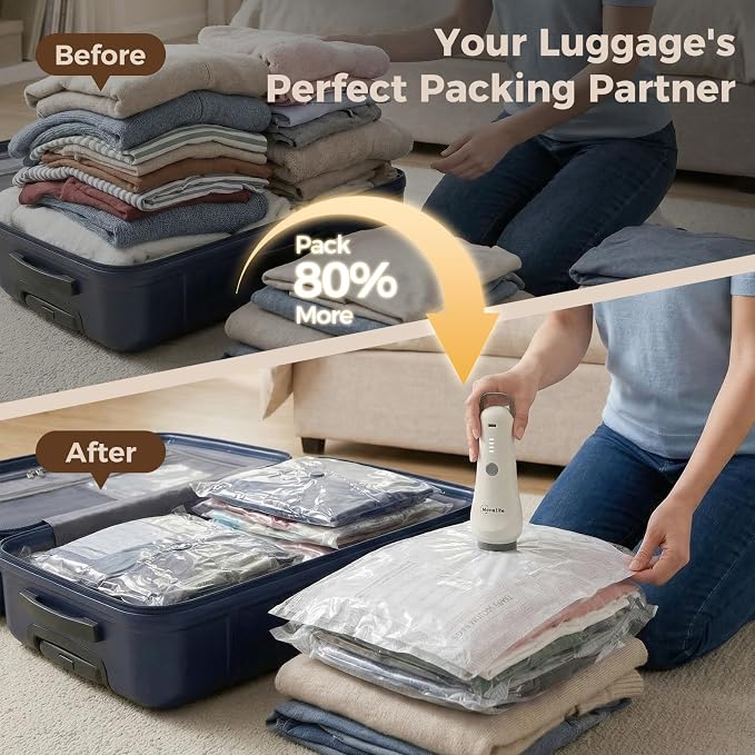 Vacuum Seal Bags for Clothing Travel,15-Pack, 80% Space Reduction | Fits Carry-On, Luggage, and Suitcase, Reusable Airtight Seal Prevents Leaks, Ideal For Home Storage & Travel Packing