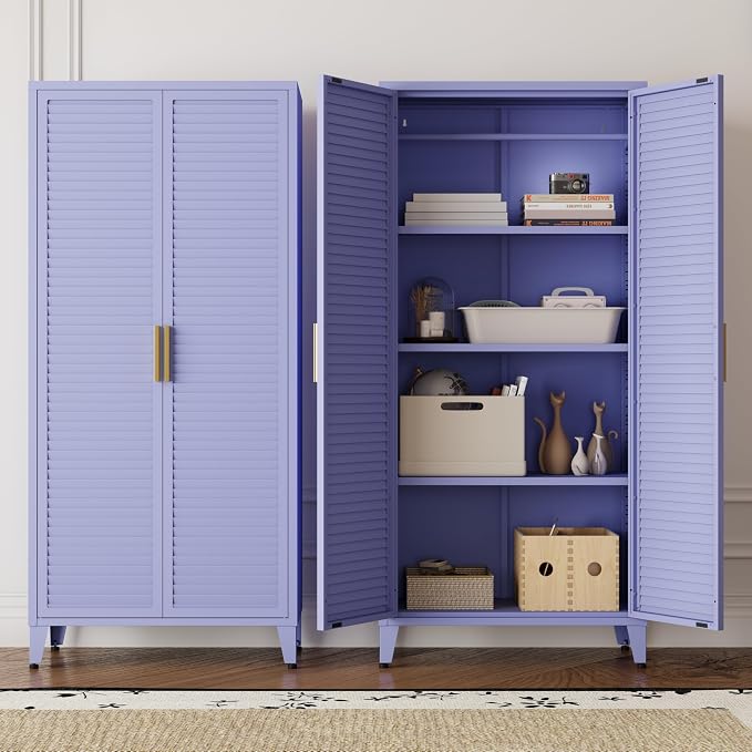 2 Door Tall Metal Storage Cabinet with 3 Adjustable Shelves,61'' Steel Locker Storage with Metal Handles and Elevated Legs,Multifunctional Storage Armoire for Home Bedroom Living Room Entryway(Purple)