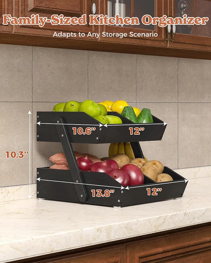 Sevenblue 2-Tier Bamboo Fruit Basket with 2 Banana Holders Black | Large tiered organizer for bread, snacks, veggies. Sturdy bamboo, includes mats & dividers. Easy to assemble.