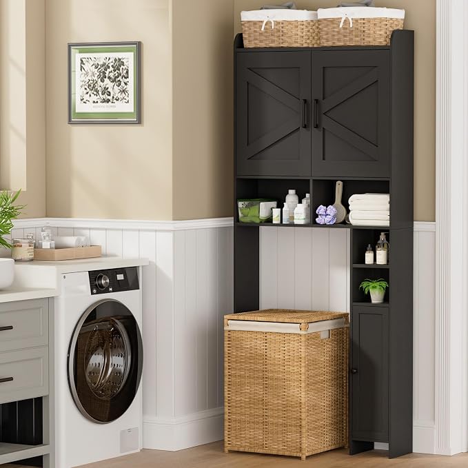 Homhedy Wooden Over The Toilet Storage Cabinet with Barn Door | Freestanding Bathroom Storage, Toilet Paper Holder, Adjustable Shelf,Space-Saving, Farmhouse Style, Black