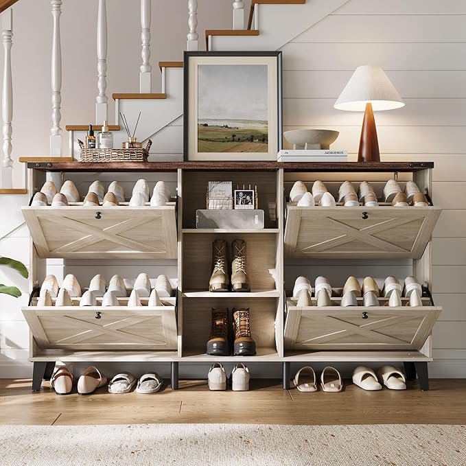 LINSY 63" Farmhouse Shoe Storage Cabinet Washed White | Tall Flip-Drawer Shoe Rack for Entryway, Adjustable Shelves for Boots, Heels & Sneakers Wood Finish with Sturdy Metal Legs
