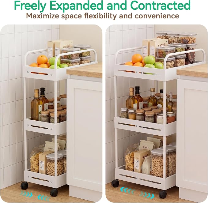 3 Tier Expandable Rolling Storage Cart, Rolling Utility Cart with Wheels | Expandable Adjustable Width, Sturdy Metal Frame, Silent 360° Wheels, Storage for Bathroom, Kitchen, Laundry & Living room