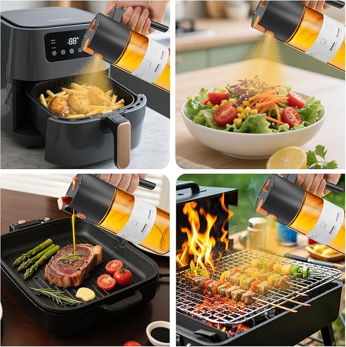 LAKUMIQI 2 in 1 Oil Sprayer & Dispenser, 17 oz Light-Blocking Glass Bottle | Large Capacity, Wide-Mouth for Easy Pouring and Cleaning, Leak-Proof Oil Bottle with Stickers for Salads, Air Fryers, BBQ