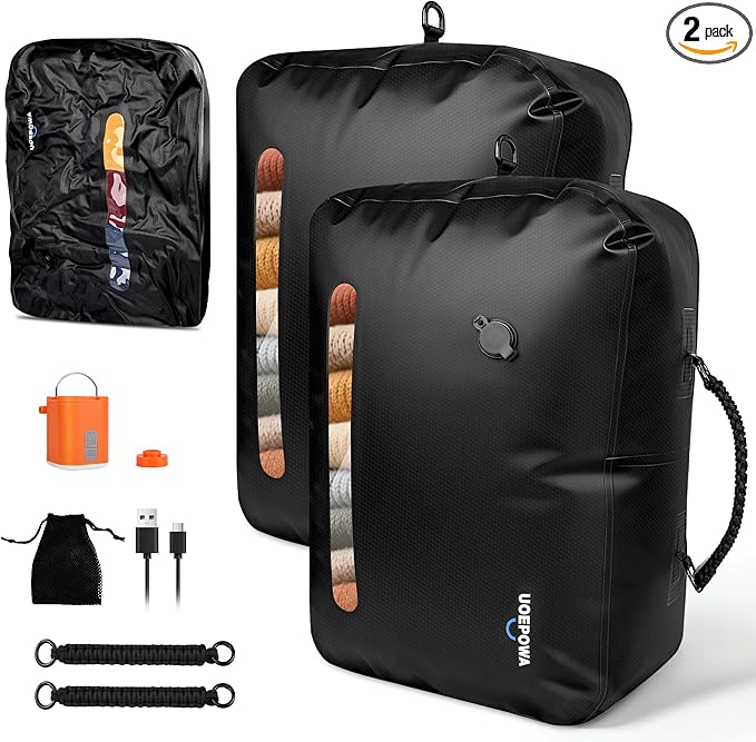 Travel Vacuum Bags with Pump, 33L Vacuum Seal Bags for Clothing, IPX8 Waterproof Vacuum Storage Bags with Handle for Luggage, Backpack, Suitcase, Home & Outdoor 2pack (Black)