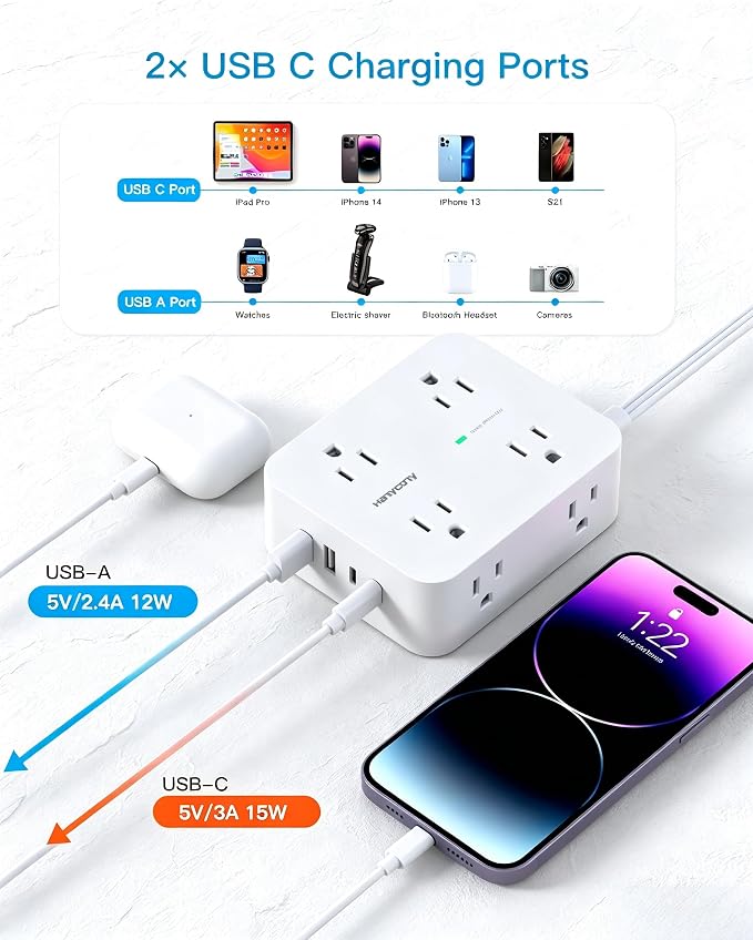 15Ft Long Extension Cord with Ultra-Thin Flat Plug, 8 Widely Spaced Outlets | 4 USB Ports (2 USB C), 1080J Surge Protected Power Strip for Home Office, College Dorm Room Essentials, Wall Mount