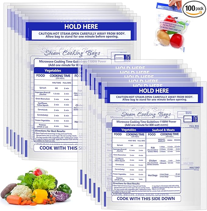 100 Pcs Microwave Steam Bags for Cooking 50 Medium and 50 Large Sizes Reusable Zipper Steamer Bags Microwave Steaming Bag for Vegetables Potatoes Meat Frozen Food (100)