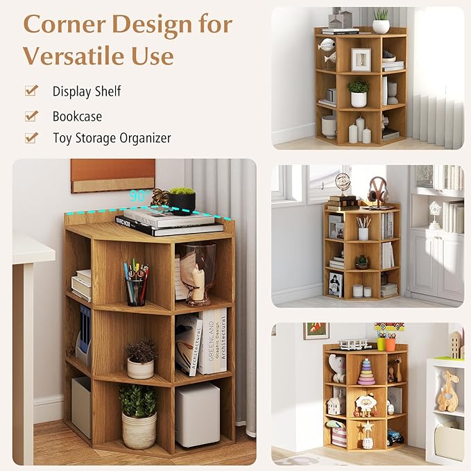 Giantex 3-Tier Corner Cabinet with Charging Station, Corner Shelf with 9 Cubbies, 1 USB Port & 1 Type-C Port, 4 Outlets, Cube Bookshelf, Storage Organizer for Small Spaces, Playroom, Living Room