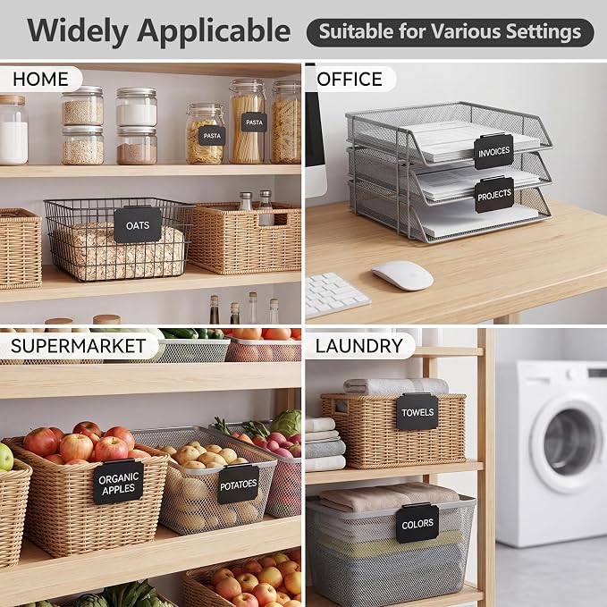 20 Pcs Basket Labels Clip On for Storage Bins, Pantry Organization with2 Markers and 2 Wipe Cloths Reusable Clip on Chalkboard Basket Tags for Pantry Storage Kitchen