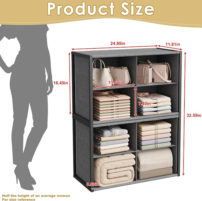 8-Cube Stackable Closet Storage & Organization Systems, 2-Pack Metal Shelf | Reinforced Fabric & MDF Panels Provide Sturdy Support for Sweaters, Jeans, Towels, Blankets and Bags in Bedrooms, Closets
