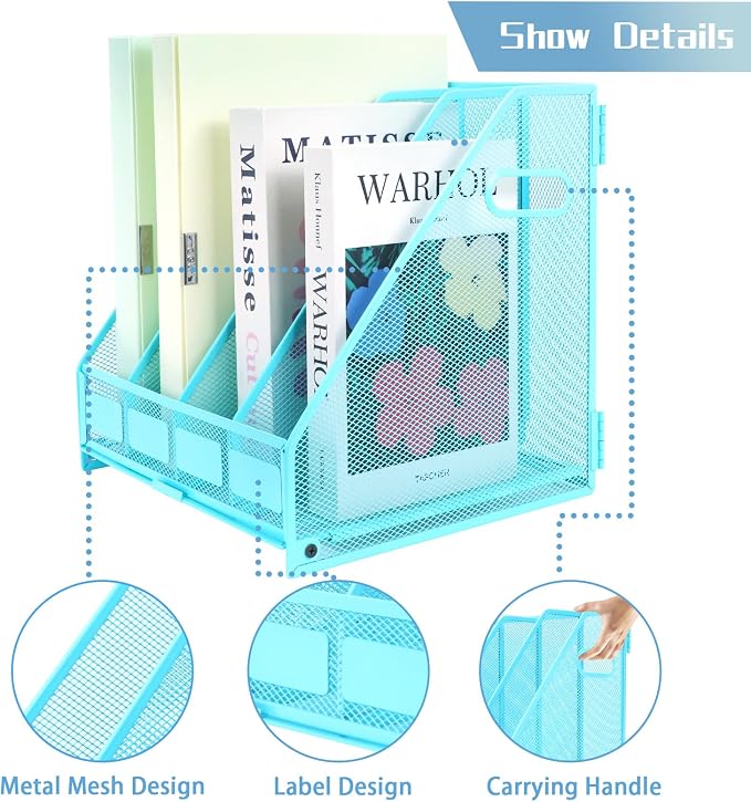 Desk Organizers Metal Magazine File Holder Racks Desktop Folder Storage Binder Organiser Document Organization for Home Office & Classroom,4 Vertical Compartments-Blue