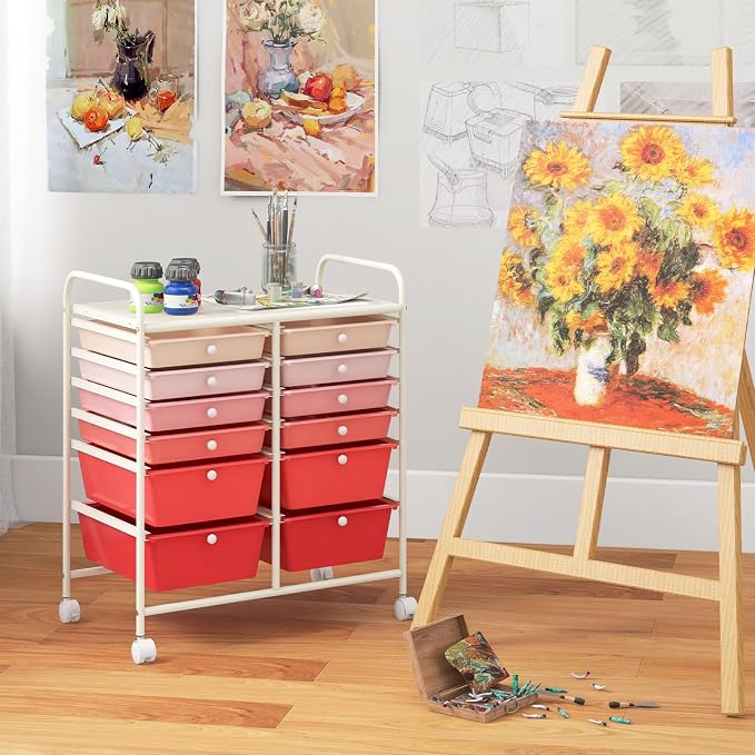 Giantex 12 Drawer Rolling Storage Cart Tools Scrapbook Paper Office School Organizer (Pink Gradient)