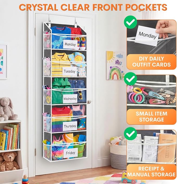 Ofiray-home 5Tiers Over Door Organizer, Weekly Clothes Organizer for Kids | 5 clear PVC front pockets, 10 mesh side pockets, weekly outfit planner, for kids, dorm, entryway, RV, 50 lbs capacity