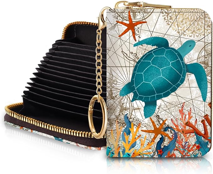 Blusabaca RFID Credit Card Holder Small Women Travel Wallet, Sea Turtle | Removable Keychain, Case with Zipper, Vegan PU Leather, Cash Coin Pocket, Business Accordion Purse, Ladies Female Gift