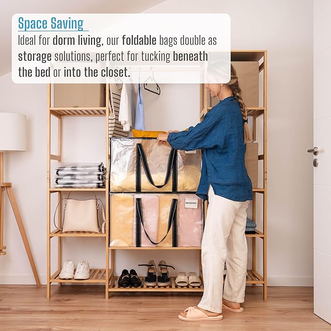 VENO 6 Pack Clear Moving Bags, 90L Extra Large Transparent Storage Totes, Heavy Duty 50lbs Load, Reinforced Handles, Zippers & Tag, See-Through Packing Boxes for Organizing Closet, Bedding, Clothes