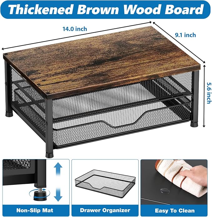 OPNICE Computer Monitor Stand Riser, Desk Organizer with Drawer, Printer & Laptop Stand, Office Desk Accessories & Workspace Desktop Organizers Storage for Office Supplies(Brown)