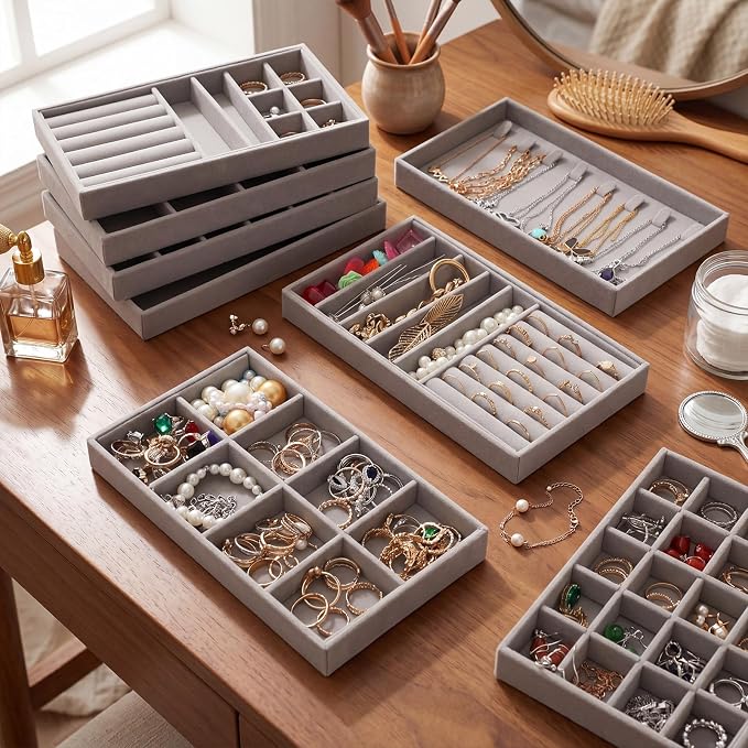 Tondiamo 16 Pcs Velvet Jewelry Drawer Organizer Trays Bulk 8.39 x 4.88 x 0.94 Inch Grey Stackable Jewelry Storage Inserts Set Tray Set with Removable Divider for Earrings Necklaces Bracelets