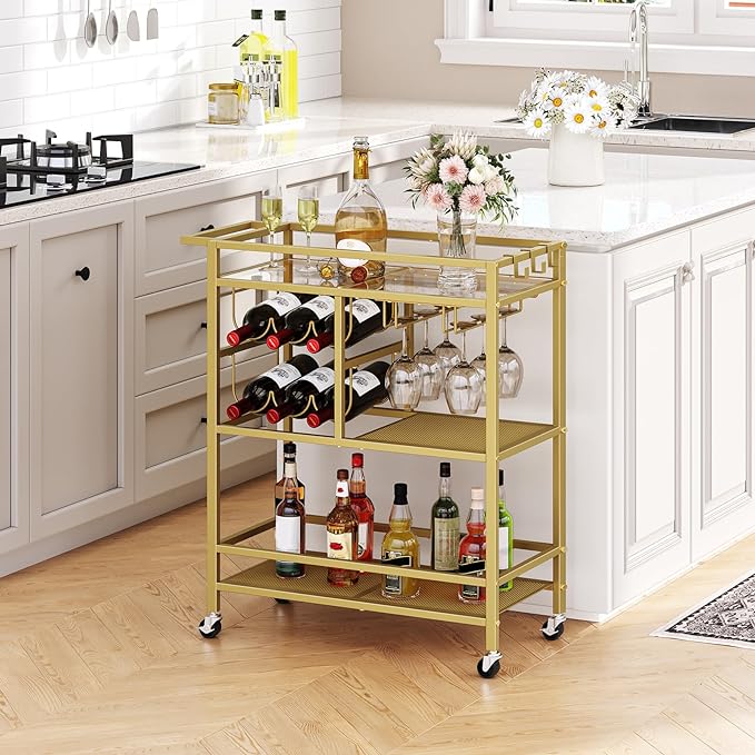 MAHANCRIS Bar Cart for Home, 3-Tier Serving Cart with Wheels and Handle, Beverage Cart with Wine Rack and Glass Holders, Rolling Wine Cart for Kitchen, Dining Room, Gold RCJ61B01