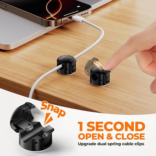 6 Pack Spring Cable Clips,Cord Organizer with Clasp Lock Desk Cable Management Cord Holder Adhesive Phone Charger Cord Clips for Home Office Car Wall Nightstand Accessories Black