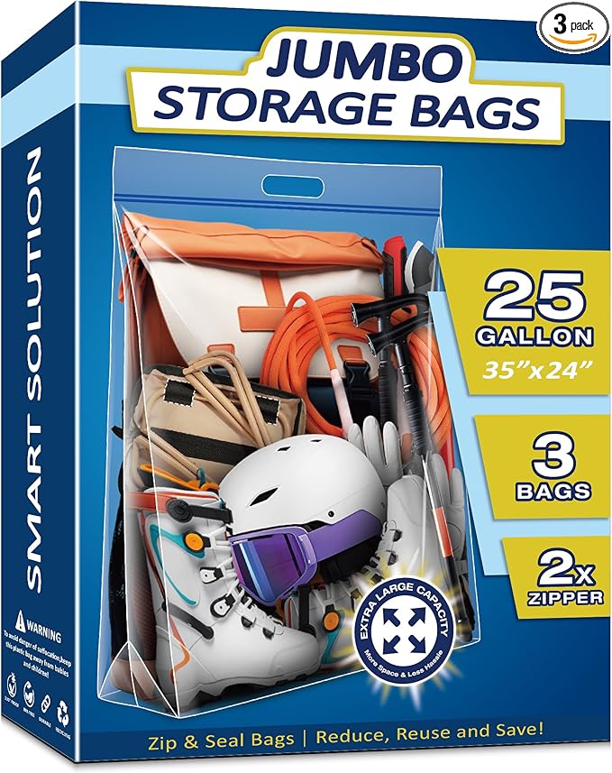 25 Gallon Extra Large Resealable Storage Bags with Zipper Top，35" x 24" Heavy Duty Clear Bags with Handles, 4 Mil Thick, Perfect for Clothing, Pillows, Travel, and Moving (3 Packs)